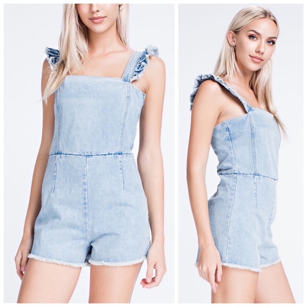 Denim overall romper shorts